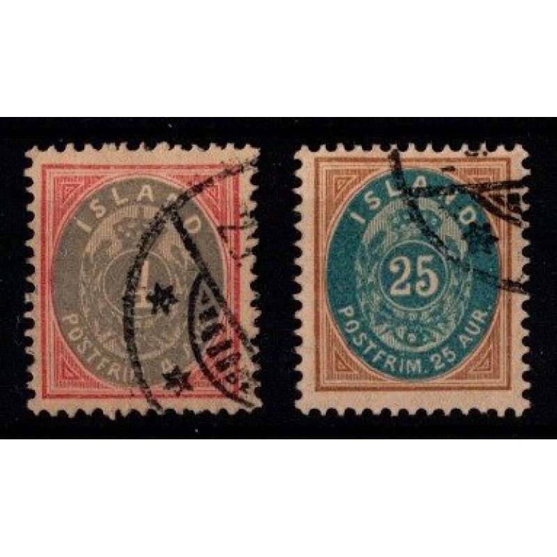 1899-1900 - Island - 4 aur. rosa/grå og 25 aur. brun/blå - Frimærker - Stemplet.